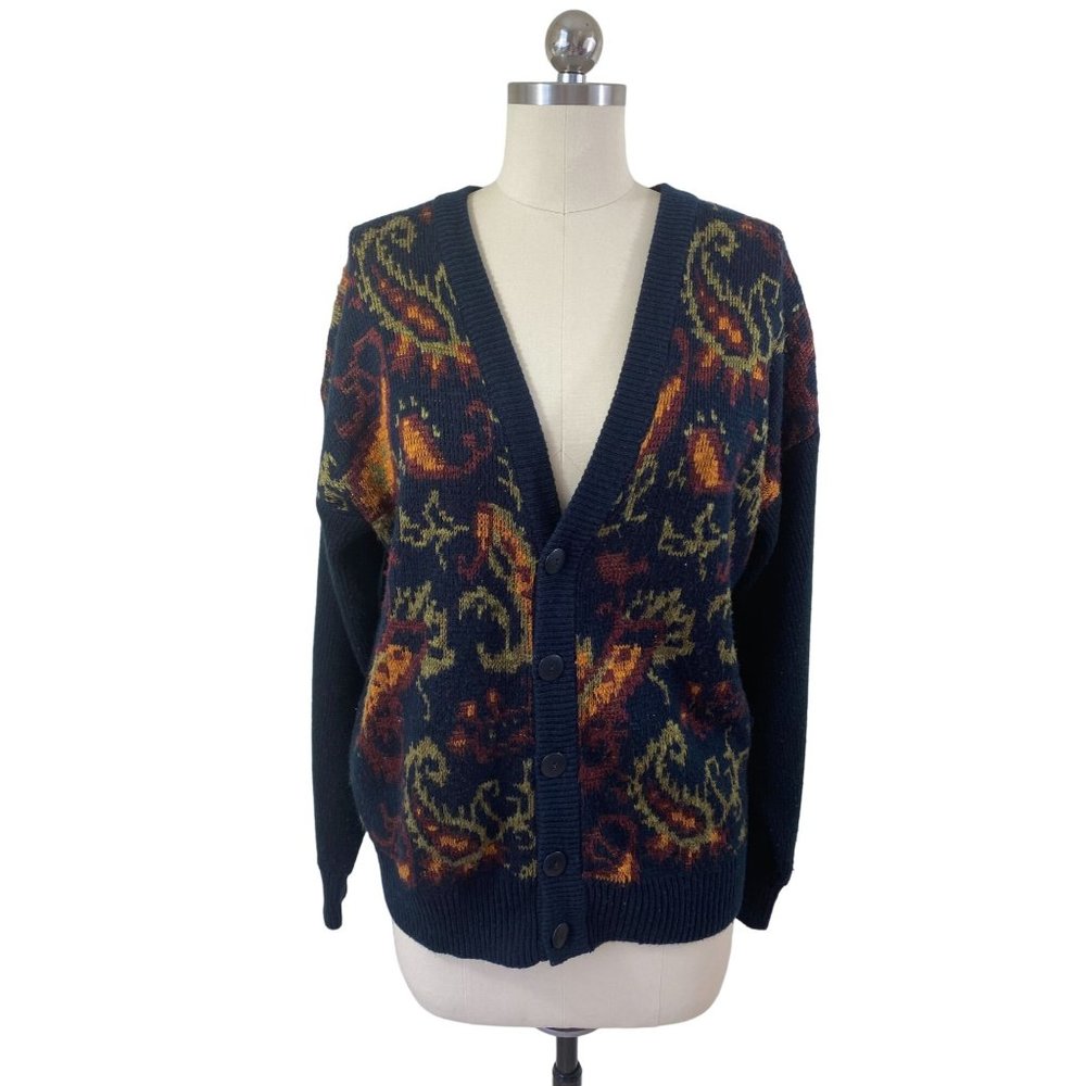 Hoopla VTG 90's Womens Cardigan Sweater Medium Black Orange Paisley Twee